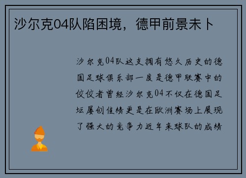 沙尔克04队陷困境，德甲前景未卜