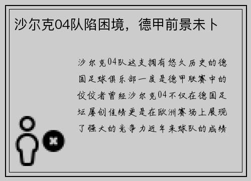 沙尔克04队陷困境，德甲前景未卜