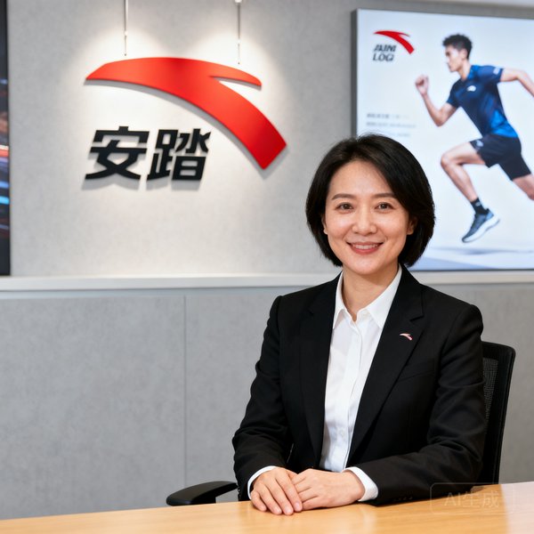 安踏体育品牌市场总监王女士在办公室中的专业形象照，身着商务装面带微笑，背景为安踏品牌展示墙